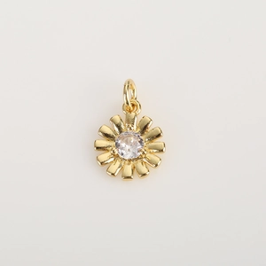 Golden sunflower pendant with zircon center for DIY jewelry making on white background