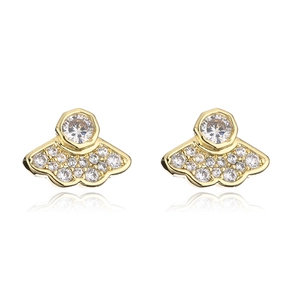 Minimalist 18K gold plated copper earrings with fan-shaped zircon and shell design