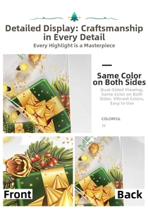 Detail of double-sided Christmas tree stickers with green gift box and golden bow designs