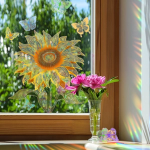 Rainbow sunflower and butterfly suncatcher window stickers with colorful light reflections