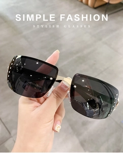Detailed close-up of rimless sunglasses with gold metal temples and rhinestone accents