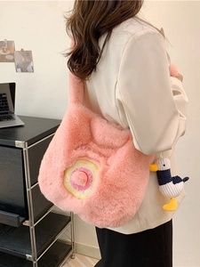 Pink plush tote bag with donut embroidery and cute seagull pendant for women