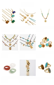 Vista detallada de varios anillos de acero inoxidable bañados en oro 18K y collares