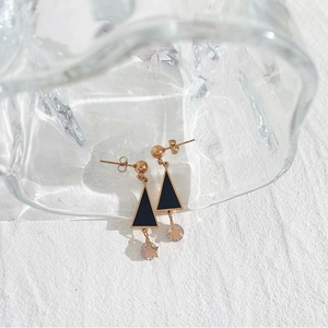 Rose gold triangle stud earrings with black pendant and zircon stone on white background