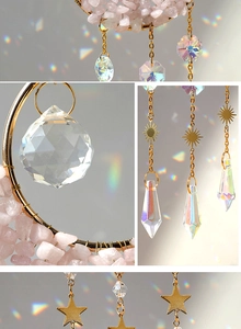 Detail of moon-shaped suncatcher with pink crystals and rainbow prisms on golden chains