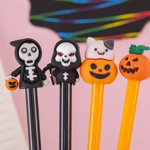 Set of 4 Halloween gel pens featuring reaper, skull, and pumpkin silicone toppers