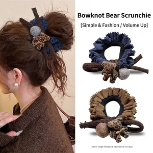 Leopard Print Bear Hair Tie With Plush Ball Autumn Winter Retro Knit Fabric Scrunchie Elegant Hair Accessories For Women