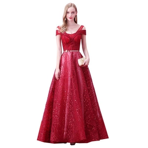 Elegant red off-shoulder floor-length evening gown with sequins and gold waist belt