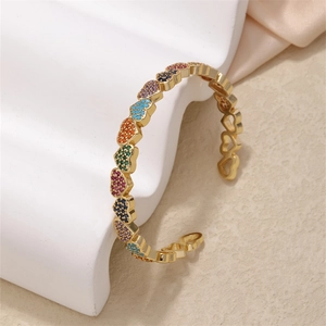 Colorful heart-shaped zircon open bangle with gold-plated finish for women