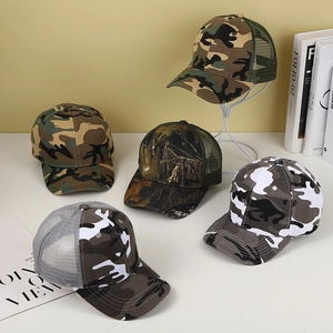 Detail view of camouflage trucker hats with mesh back and adjustable strap features