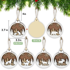 Detail of laser-cut wooden Christmas ornaments with forest animal silhouettes and measurements