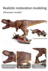 Realistic T-Rex dinosaur model with clear texture and detachable triceratops prey accessory