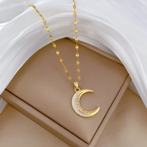 Golden titanium steel moon crescent necklace with white enamel and sparkling zircons