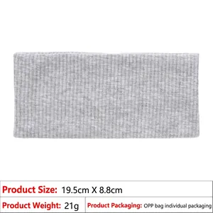 Detailed size specifications of gray ribbed elastic sports headband, 19.5cm by 8.8cm