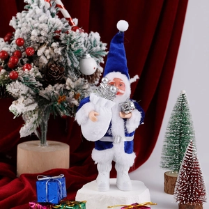 Standing Santa Claus plush in blue velvet outfit for Christmas festive home decor