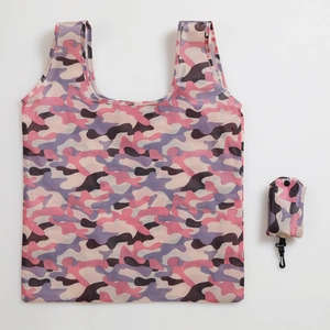 Pink purple camo foldable shopping bag with portable hook in unfolded and folded view