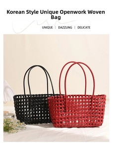 Detail view of woven hollow shoulder bags in black and red colors for beach vacations