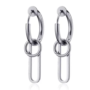 Polished stainless steel geometric drop earrings for men featuring round and oval rings