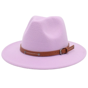 Detail view of lavender fedora hat featuring a brown leather belt with metal rivets