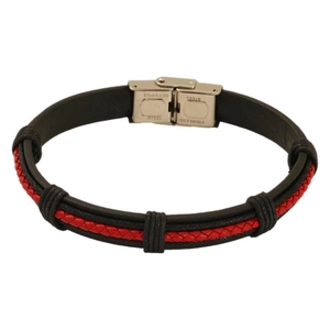 Men's black and red woven leather bracelet with polished stainless steel clasp