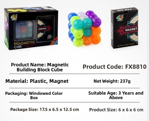 Detailed specs of magnetic building cube set with packaging and product dimensions