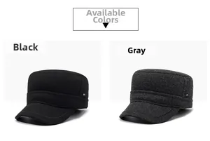 Detail view of black and grey wool flat top cadet hats with side metal accents