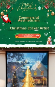 Détail de stickers de Noël dorés pour vitrines avec impression UV et motifs étoilés
