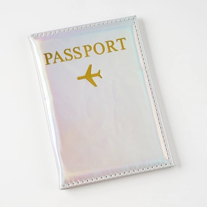 Holographic laser silver PU leather passport holder with golden foil plane logo and text