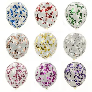 Transparent latex party balloons set with colorful round confetti in nine vibrant shades