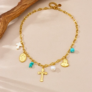 Gold plated stainless steel necklace with cross, Virgin Mary, turquoise, and pearl charms