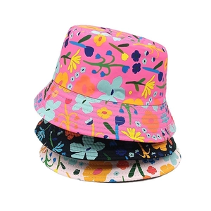 Kids colorful floral graffiti bucket hats in pink black and beige for sun protection