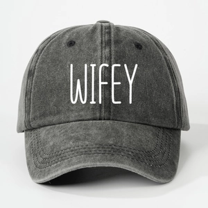 Classic charcoal grey washed cotton baseball cap with white WIFEY embroidery