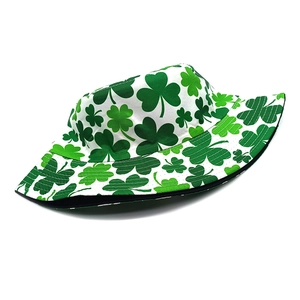 Detailed view of St. Patrick's Day bucket hat with green clover print and stitching
