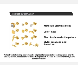 Detailed size specifications for a 12-piece set of gold-plated stainless steel stud earrings