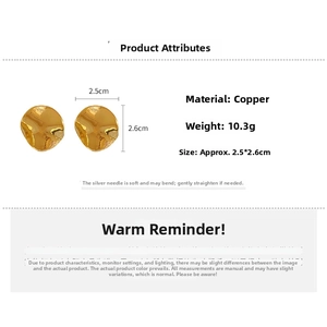 Detail view of irregular gold-plated earrings with dimensions and copper material specs