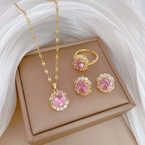 Oval Pink Zirconia Necklace Earrings Ring Jewelry Gold Plated Titanium Steel With Silver Earring Post Luxury Elegant Women