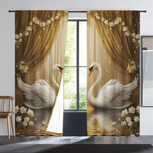 Detail of 3D digital printed curtain featuring white swans on golden water and white roses
