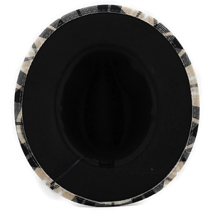 Detail view of the black fedora hat interior showing the plaid brim and fabric label