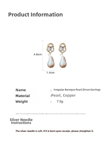 Detail of baroque pearl and zircon drop earrings with gold-plated base and S925 silver needles