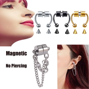 Three colors of magnetic non-piercing nose rings and chain ear cuffs in stainless steel