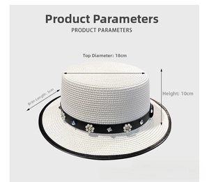 Detailed size view of elegant white straw hat featuring black pearl band and brim binding