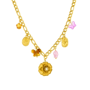 Collier plaqué or avec pendentifs camélia, papillons en résine et perles d'imitation