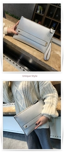Zilveren clutch met litchi-textuur, gouden klinknagels en een handig polsbandje voor