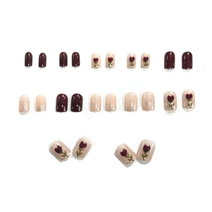 Matte rose pink and burgundy press-on nails with cute tulip flower designs, 24 pieces set
