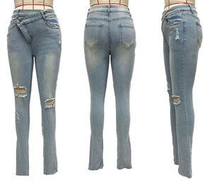 Detailed views of high waist skinny distressed jeans with irregular button fly and knee holes