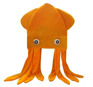 Detailopname van oranje pluche octopushut met cartoonogen en hangende tentakels