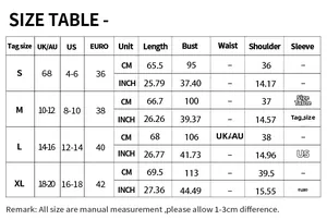 Detailed size chart for women's floral round neck blouse with UK, US, and EU measurements