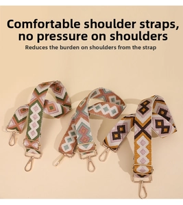 Detail of adjustable bohemian jacquard bag straps with gold-tone hardware and wide weave