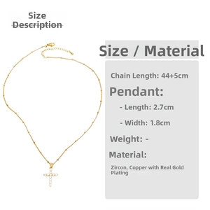 Size chart for gold-plated cross necklace showing 44+5cm chain and 2.7x1.8cm zircon pendant