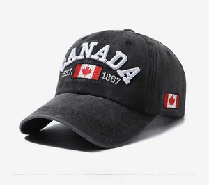 Detail of vintage washed grey cotton baseball cap with Canada 1867 3D embroidery
